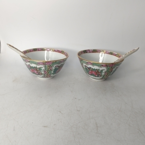 2 vintage rose Canton soup/rice bowls with spoons - Picture 4 of 8